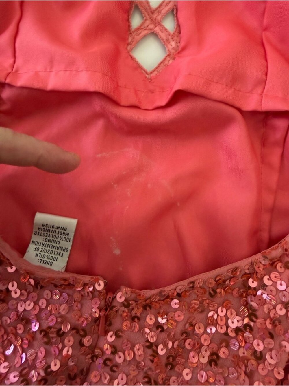 Scala Coral Sequin Mini Dress with Gem Ladder Detail Sz 4 - Picture 9 of 14